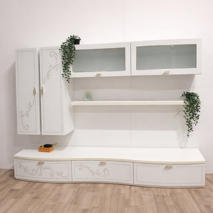 Parete Attrezzata Modello05 Bianca | Design Elegante con Pensili in Vetro e Base Curva